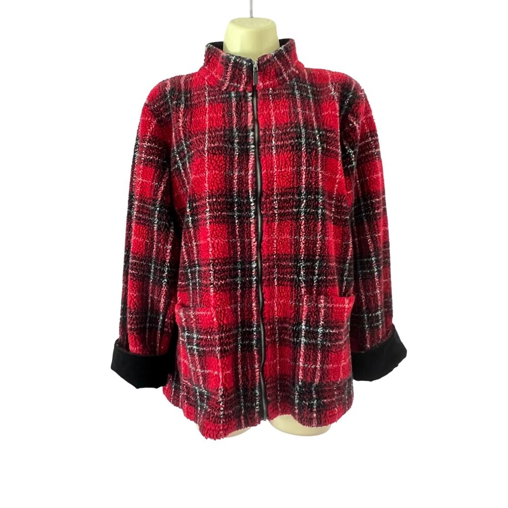 Vintage Liz Claiborne Red Plaid Fleece Jacket Zip Petite Medium